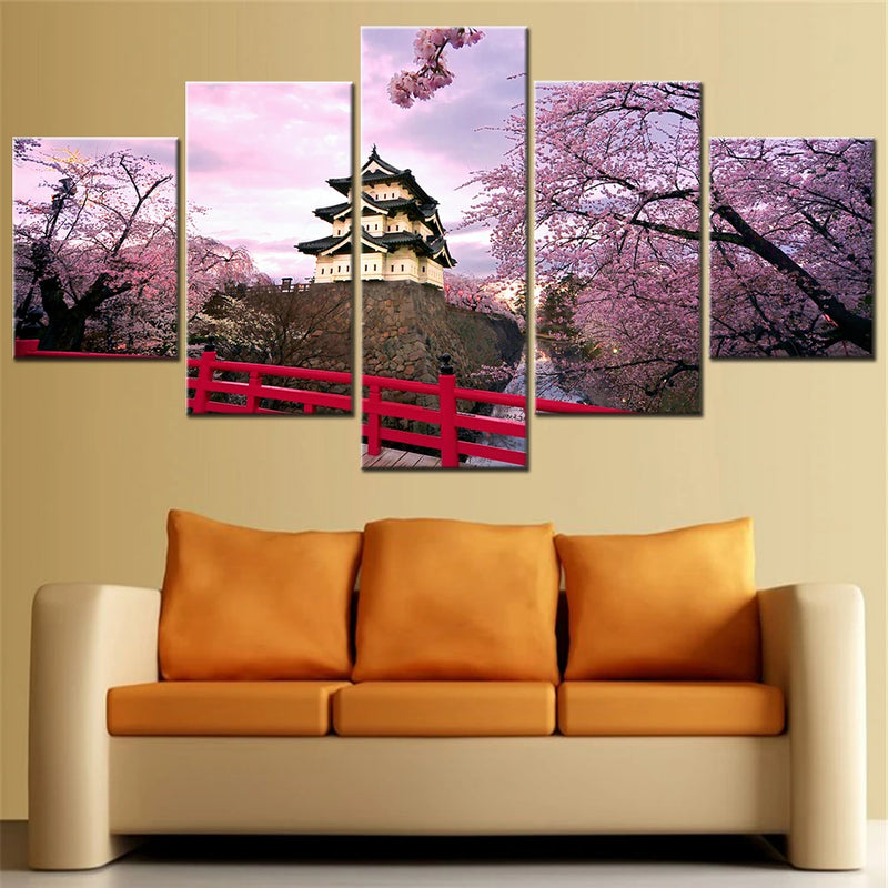 Japan Hirosaki Castle Cherry Blossoms 5 Panels Painting Canvas Wall Decoration