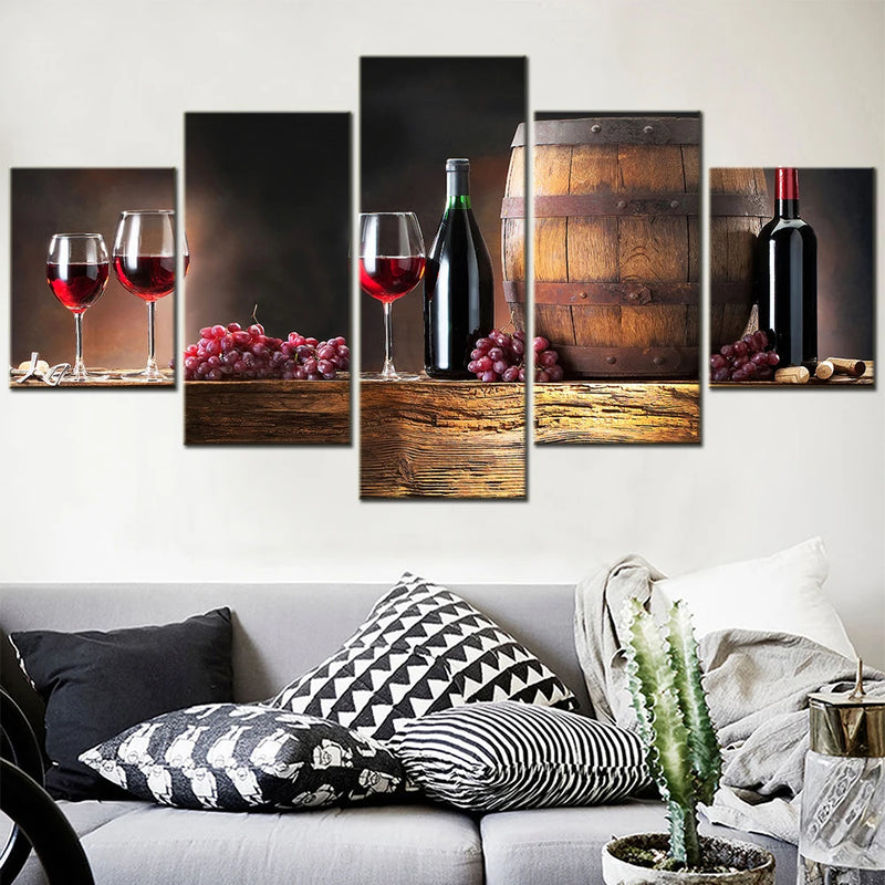 Wine Grapes Barrel Modern 5 Panels Painting Canvas Wall Decoration