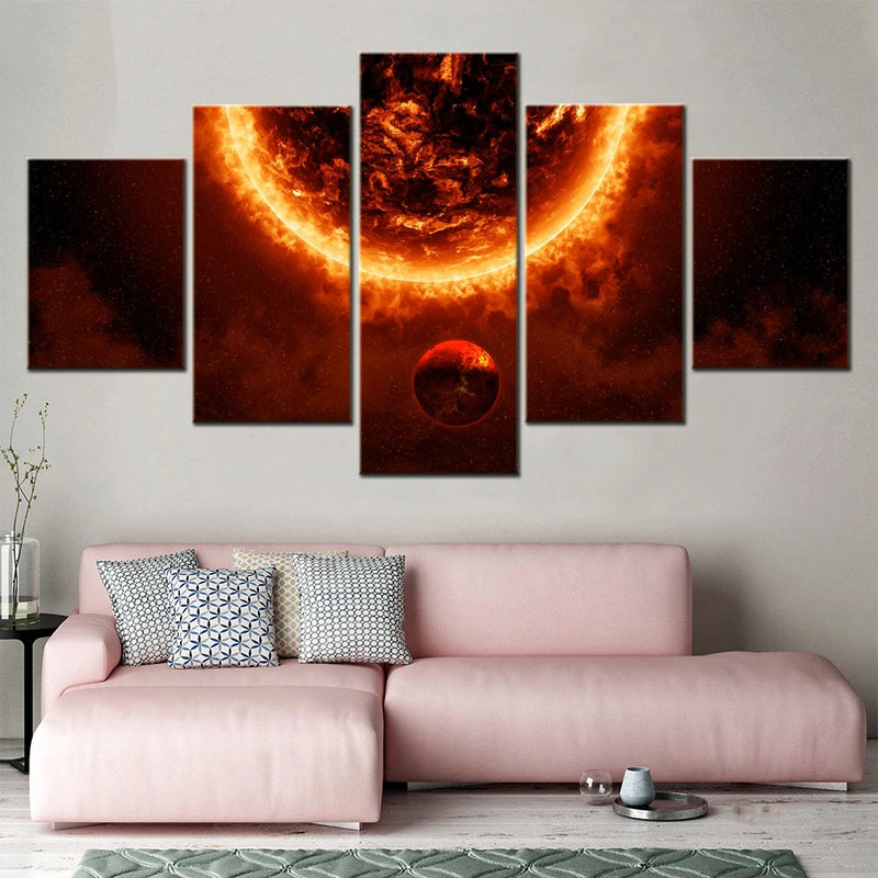 Space Sun 5 Panels Painting Canvas Wall Decoration