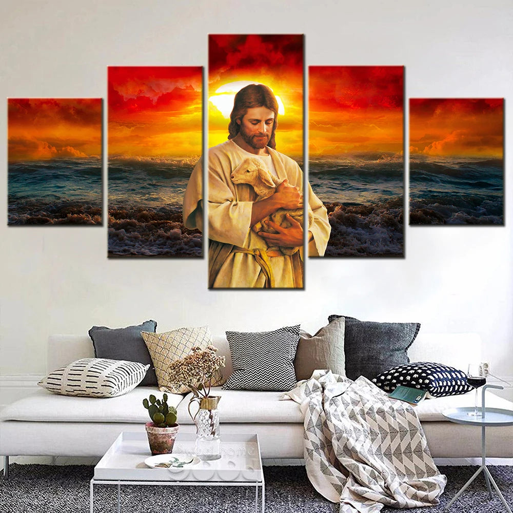 Set Jesus Sunset Seascape design 5 Panels Painting Canvas Wall Decoration