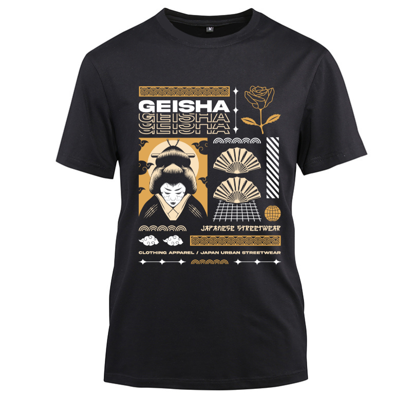 Japan Streetwear Geisha Cotton Black Short Sleeve T-Shirt