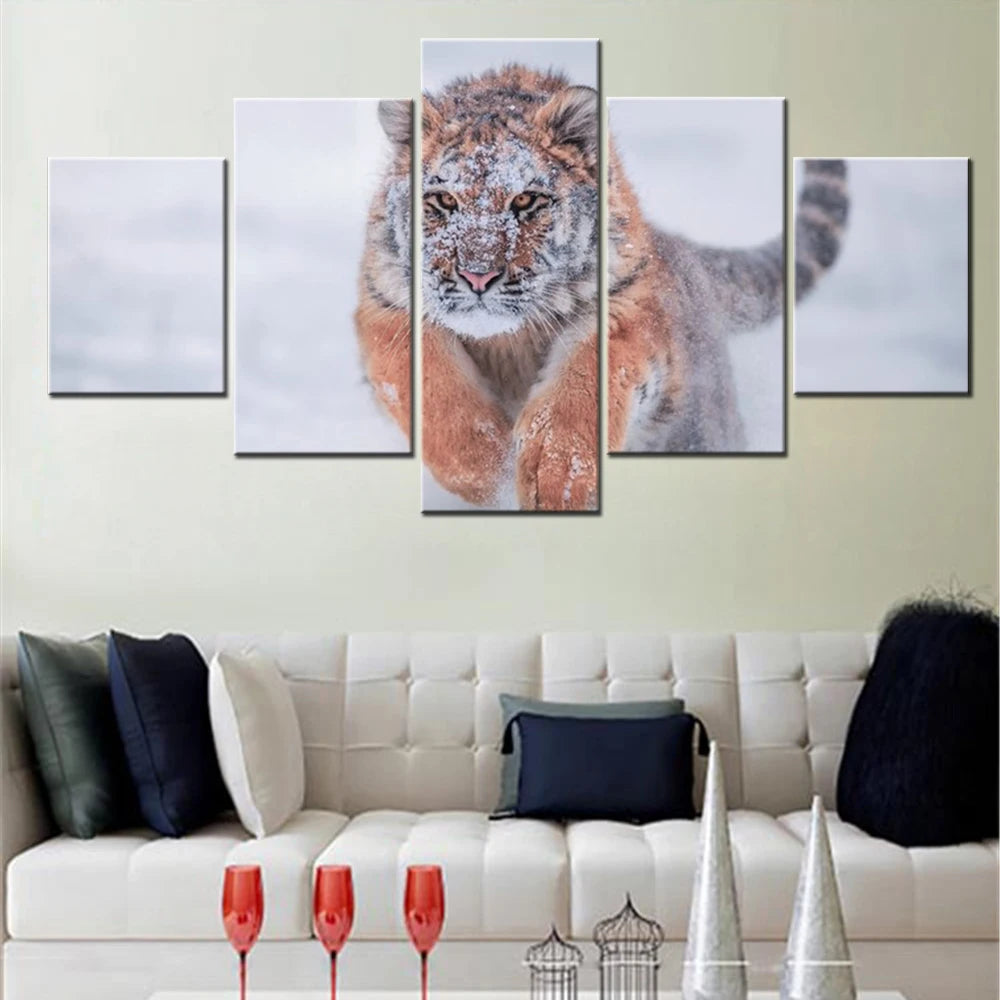 Siberian Tiger Snow Winter 5 Panels Painting Canvas Wall Decoration