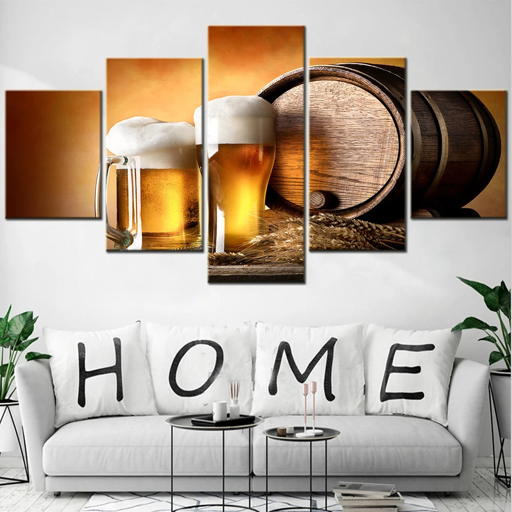 Beer and Barrel 5 Panels Painting Canvas Wall Decoration