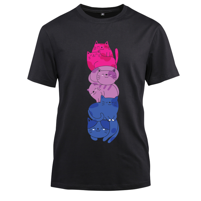 Bi Pride Cat LGBT Cute Kawaii Cats Cotton Black Short Sleeve T-Shirt