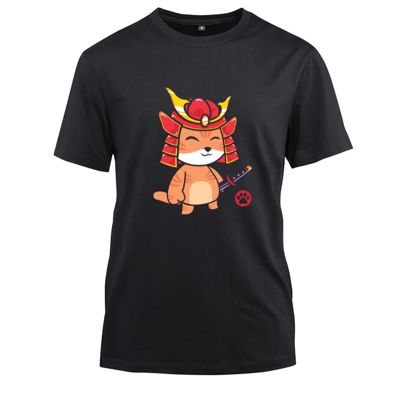 Japanese Samurai Ninja Cat Kawaii Cotton Black Short Sleeve T-Shirt