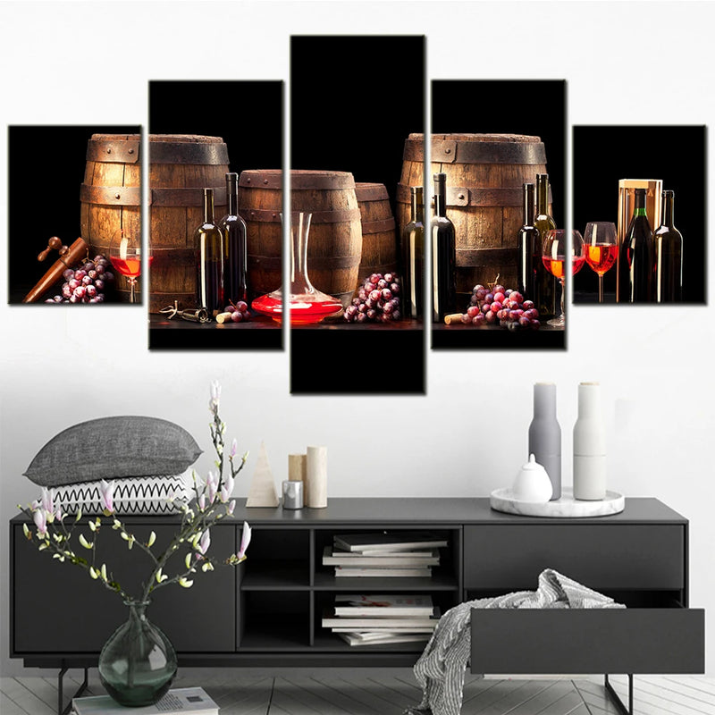 Red Wine Barrel Classic 5 Panels Painting Canvas Wall Decoration