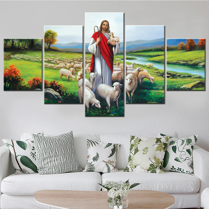 Set Jesus Shepherd 5 Panels Painting Canvas Wall Decoration