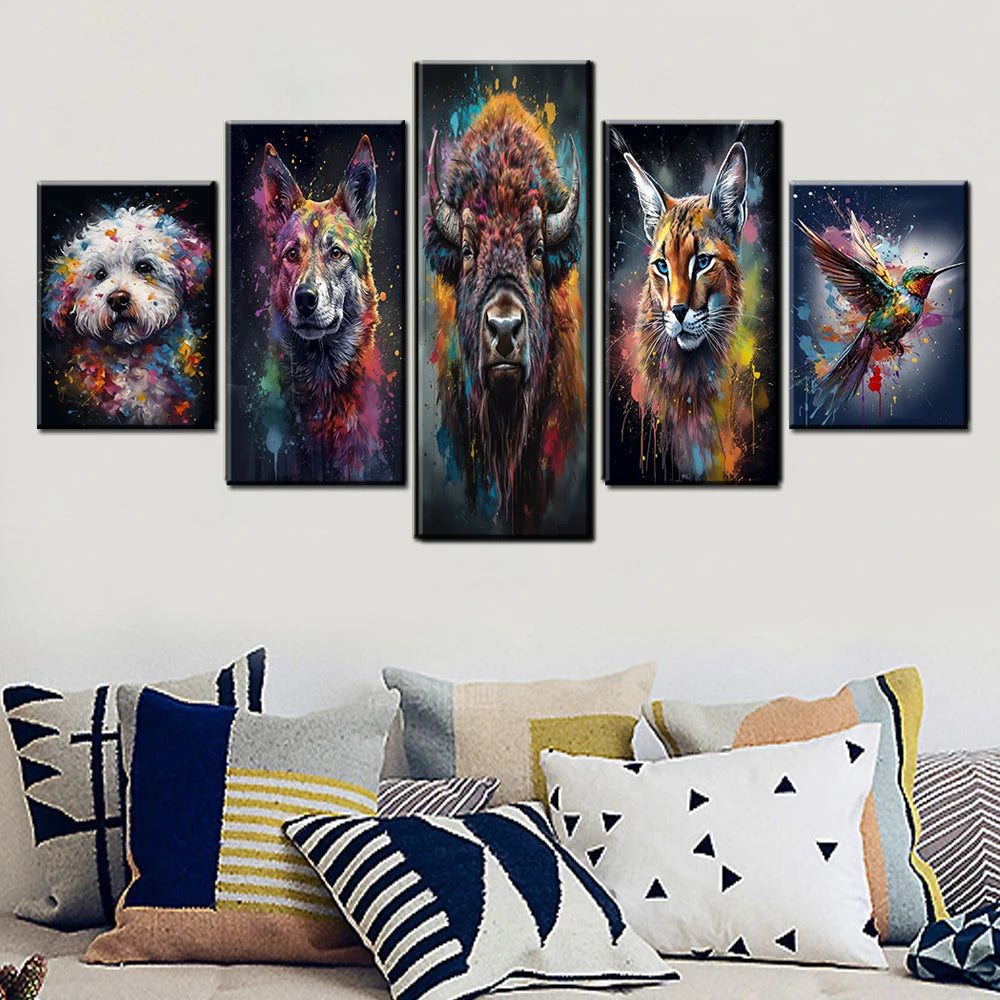 Bison Caracal Colibri Dingo Dog Bichon Frise 5 Panels Painting Canvas Wall Decoration