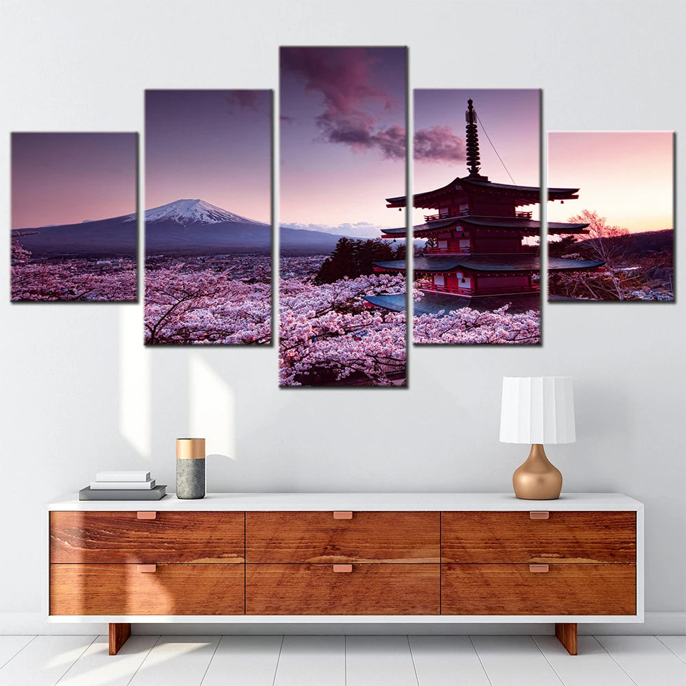 Churei Tower Mount Fuji cute 5 Panels Painting Canvas Wall Decoration
