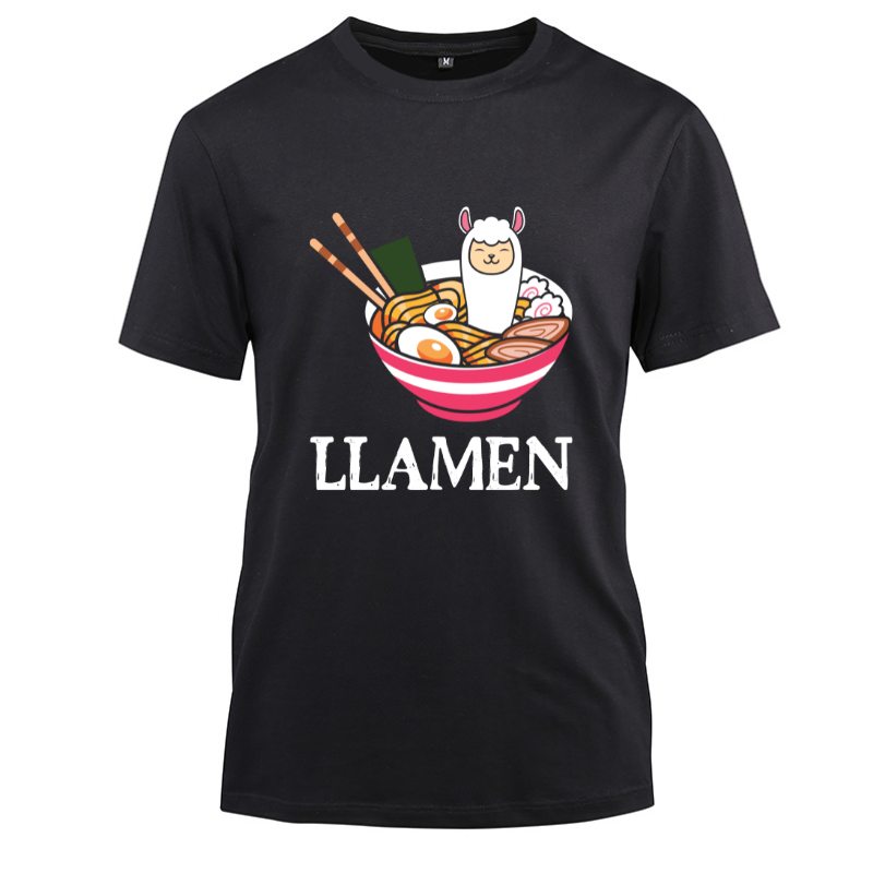 Llamen Kawaii Llama Ramen Japanese Anime Cotton Black Short Sleeve T-Shirt