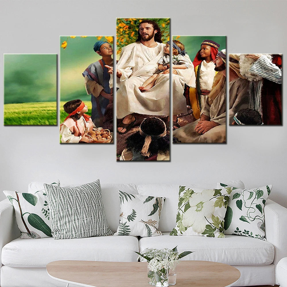 Jesus Christ And Children Of God 5 Panels Painting Canvas Wall Decoration