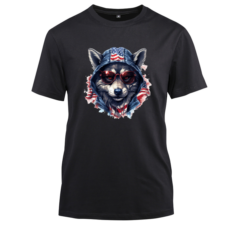 Animal Hiphop Graphic Wolf Red Glasses Cotton Black Short Sleeve T-Shirt