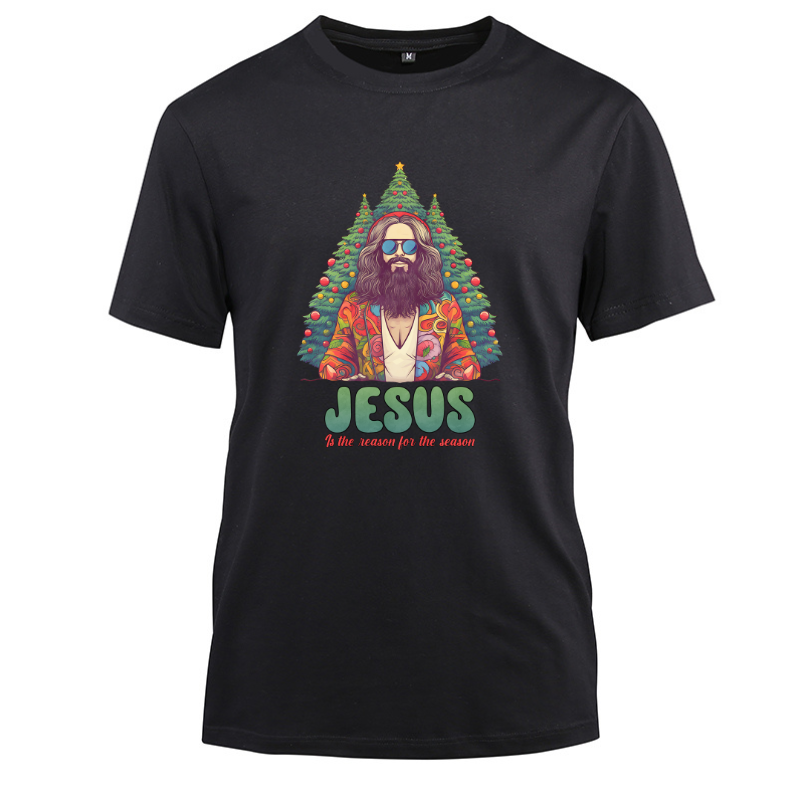 Jesus in Christmas Tree Art Cotton Black Short Sleeve T-Shirt