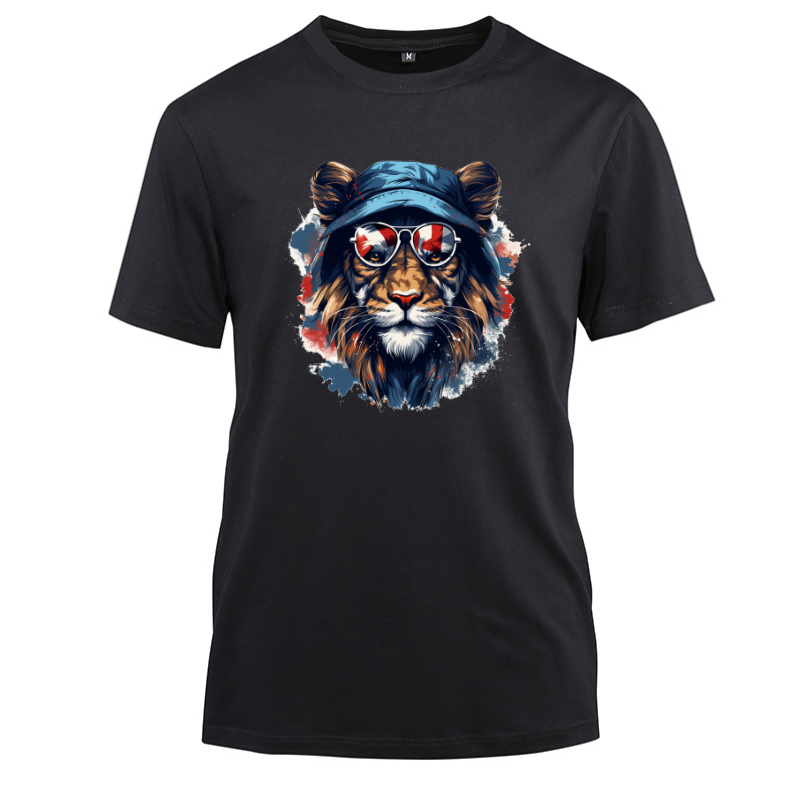 Animal Hiphop Graphic Funny Lion Cotton Black Short Sleeve T-Shirt