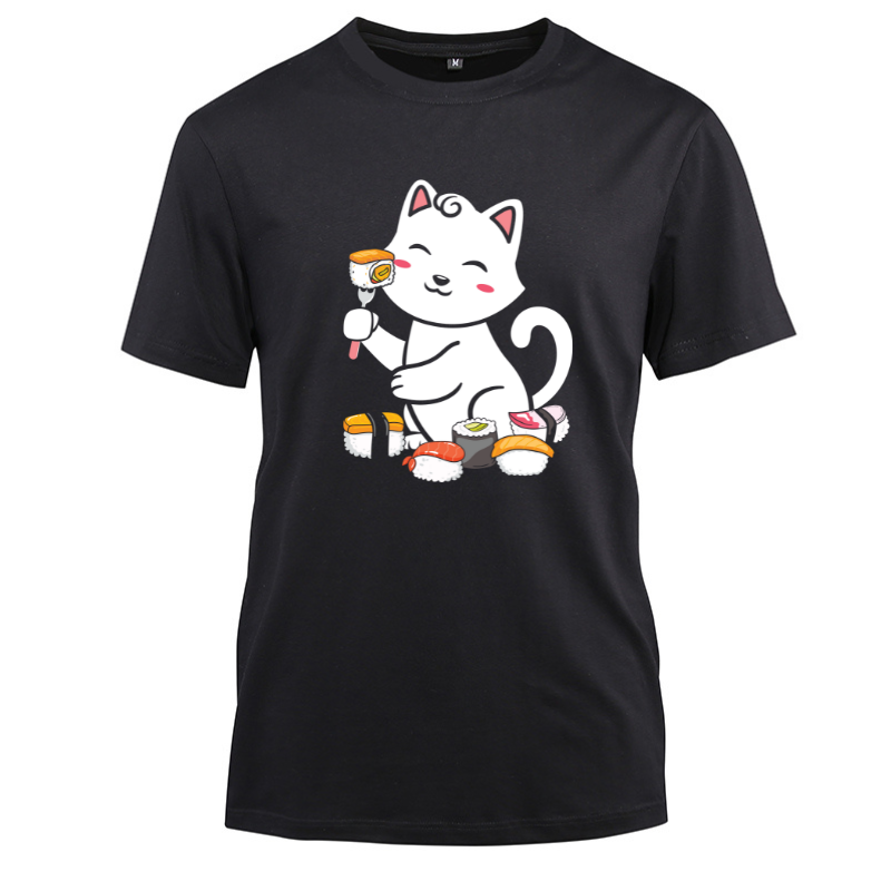 Cute Sushi Eating Cat Neko Cotton Black Short Sleeve T-Shirt
