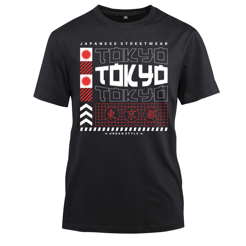 Japan Streetwear Tokyo Urban Style Cotton Black Short Sleeve T-Shirt