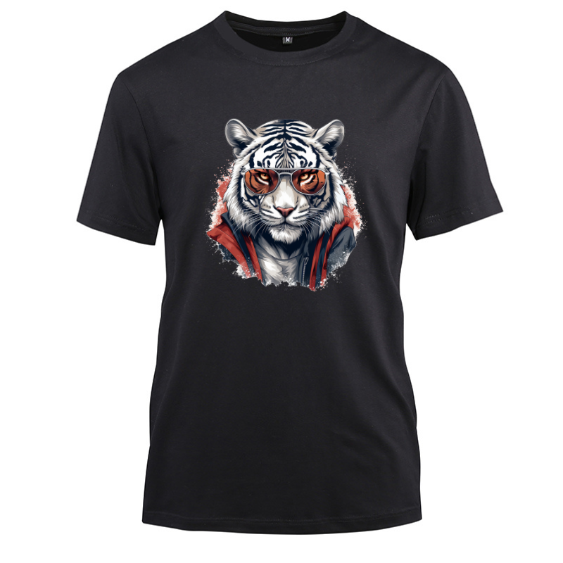Animal Hiphop Graphic Funny White Tiger With Glasses Cotton Black Short Sleeve T-Shirt
