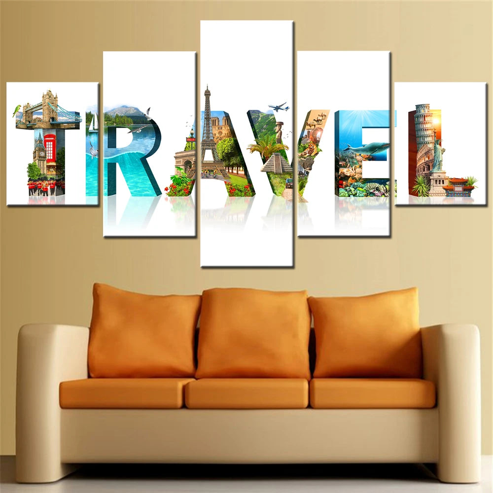 Travel Collage Famous Landmarks 5 Panels Painting Canvas Wall Decoration