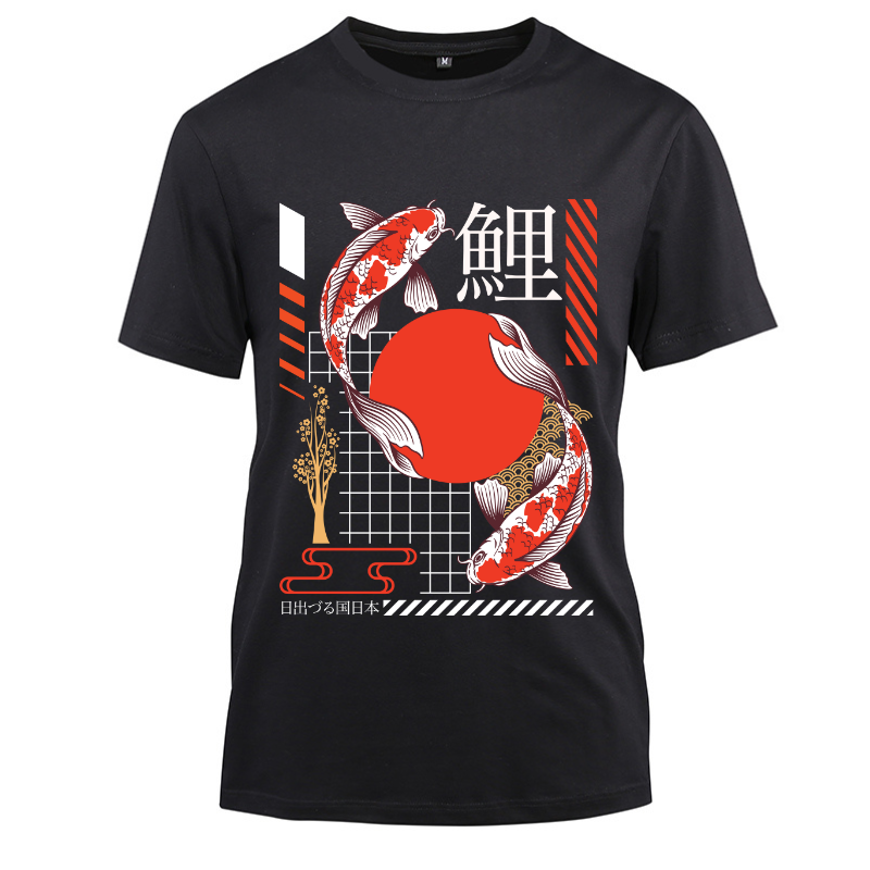 Japan Streetwear Japanese koi Cotton Black Short Sleeve T-Shirt