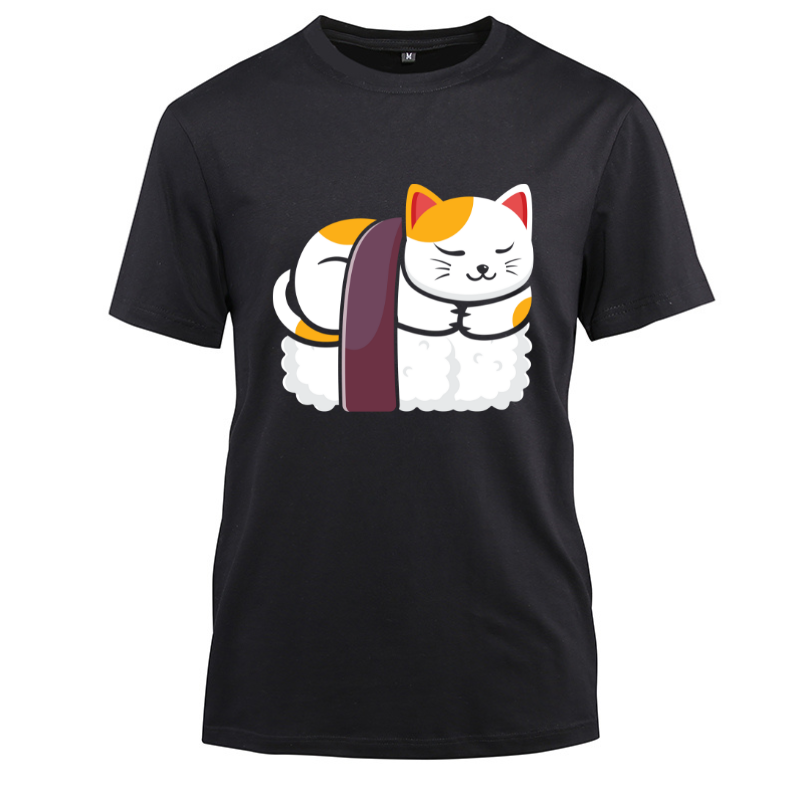 Sushi Cat Kawaii Anime Neko Japanese Cotton Black Short Sleeve T-Shirt