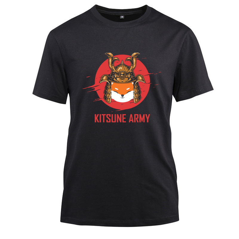 Funny Samurai Shib Army Kawaii Fox Cotton Black Short Sleeve T-Shirt
