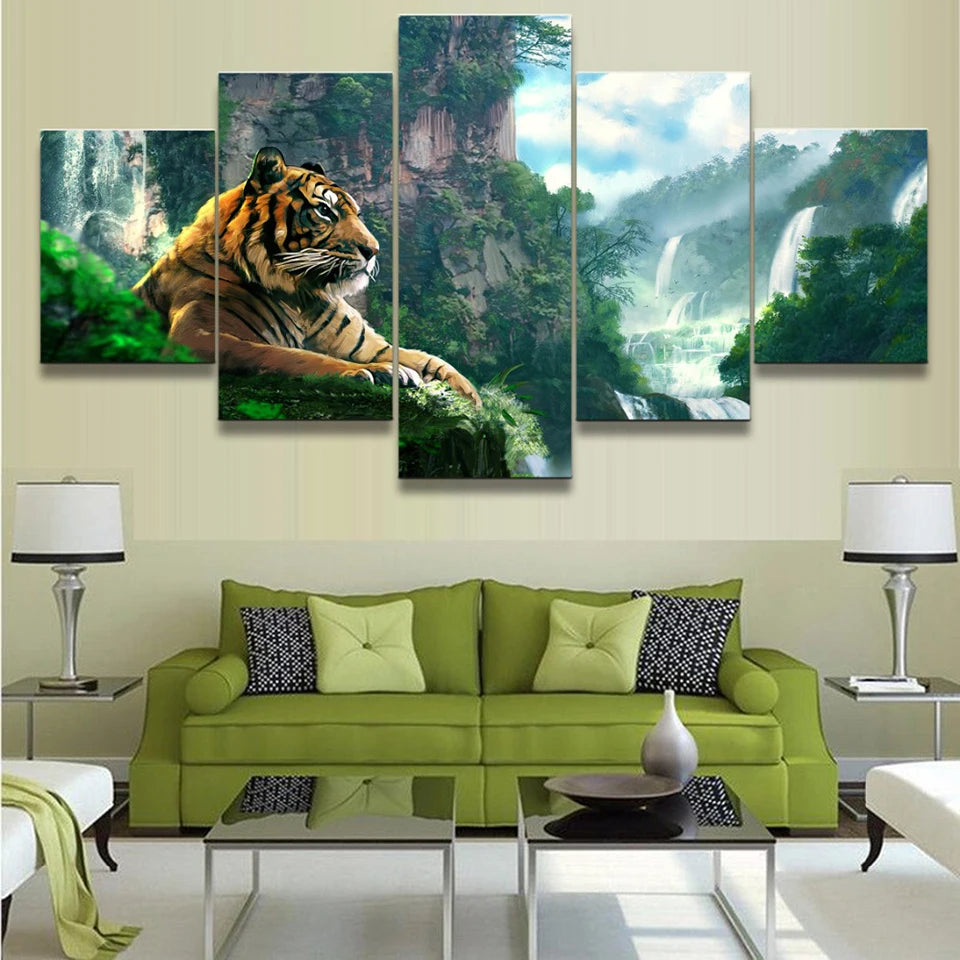 Landscape Mountain Waterfall 5 Panels Painting Canvas Wall Decoration
