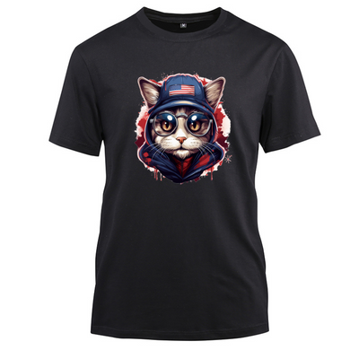 Animal Hiphop Graphic Funny Cute Cat Cotton Black Short Sleeve T-Shirt