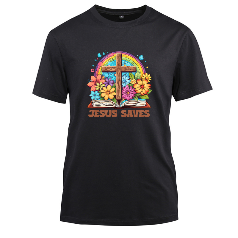 Jesus Saves Colourful Cross Art Cotton Black Short Sleeve T-Shirt