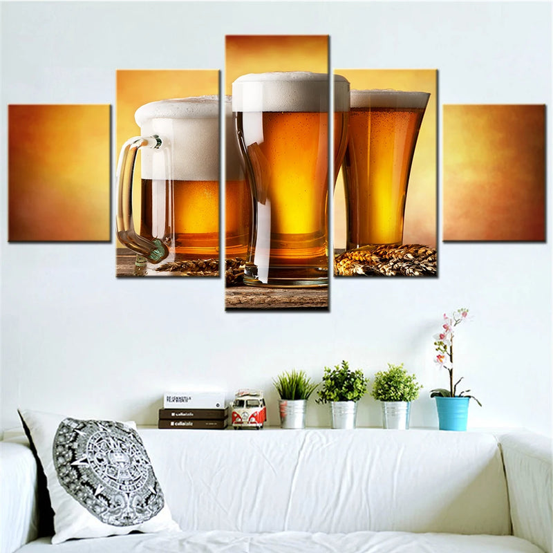 Beers and Wheat design 5 Panels Painting Canvas Wall Decoration