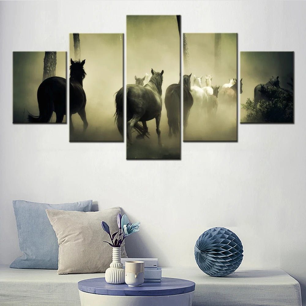 Animals Horses Herd 5 Panels Painting Canvas Wall Decoration