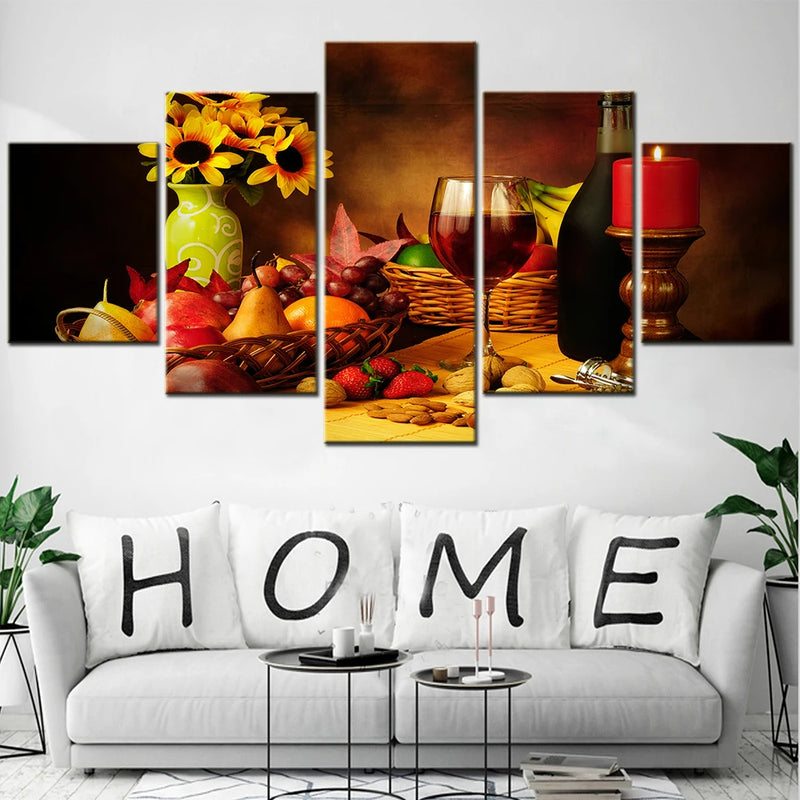 Red Wine Fruits Nuts 5 Panels Painting Canvas Wall Decoration