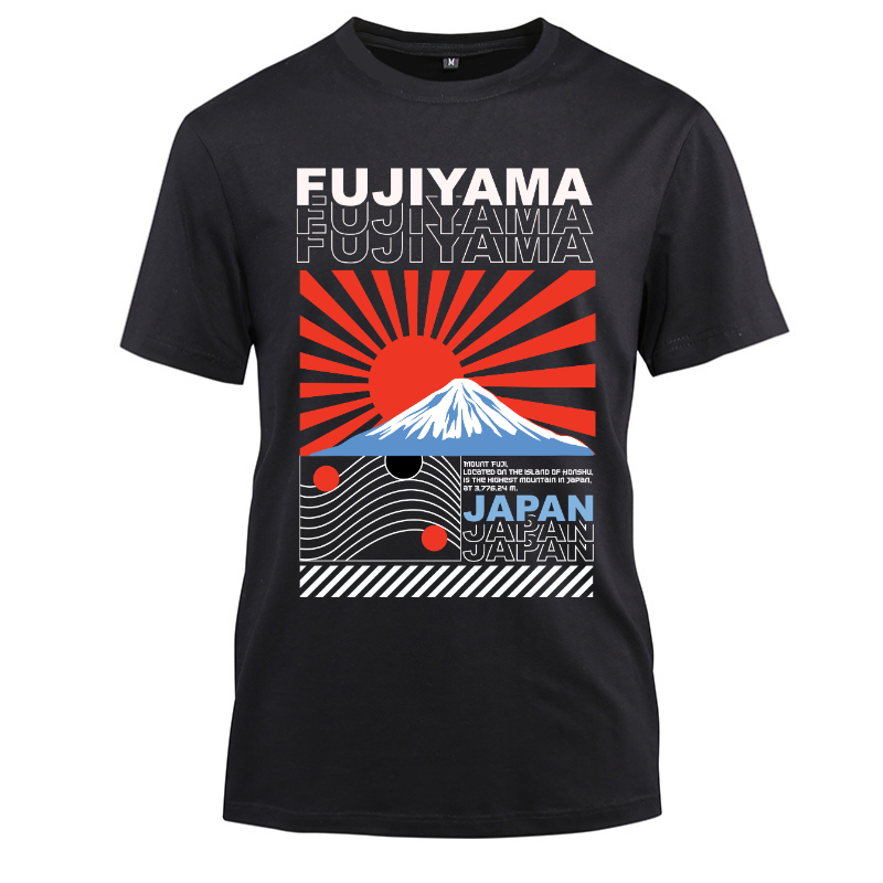 Japan Streetwear Fujiyama Mount Fuji Cotton Black Short Sleeve T-Shirt