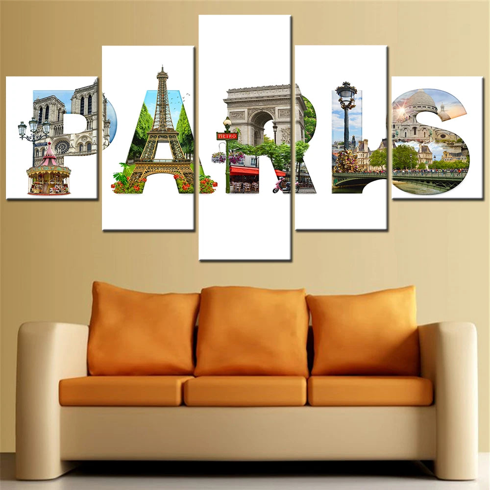 Paris City Landmarks Collage 5 Panels Painting Canvas Wall Decoration