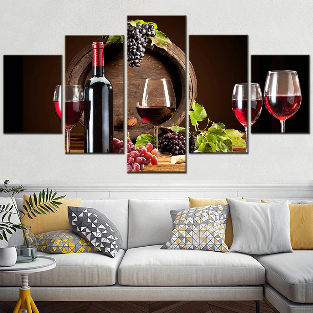 Red Wine Grapes Barrel 5 Panels Painting Canvas Wall Decoration