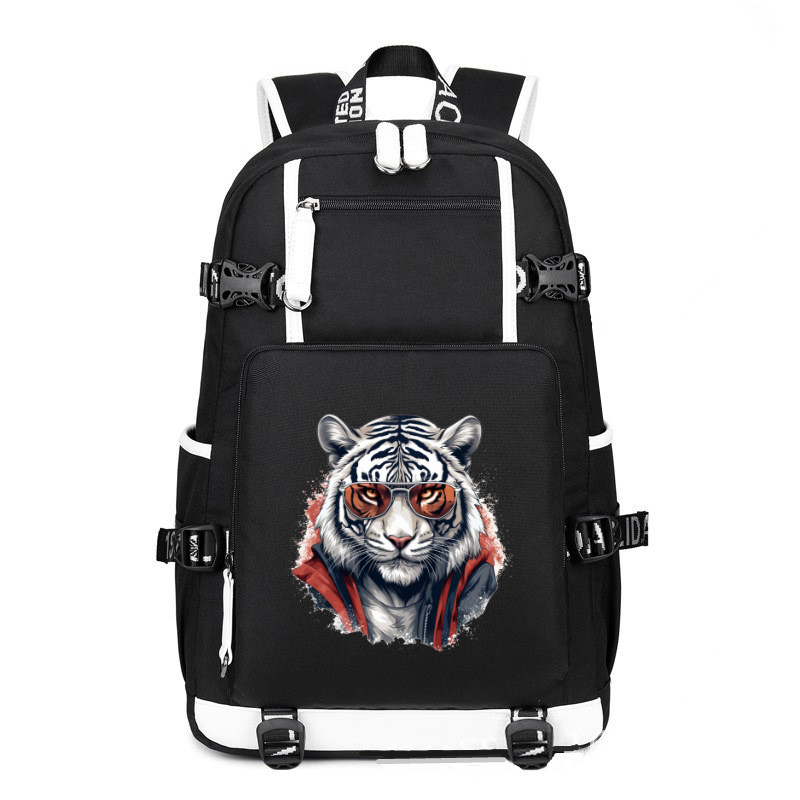 Animal Hiphop Graphic Funny White Tiger With Glasses printing Canvas Backpack