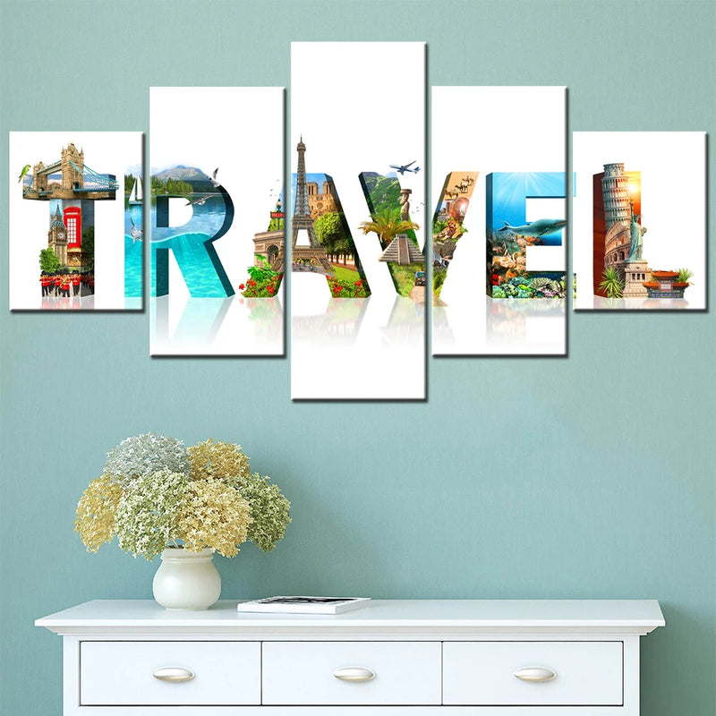 Travel Collage Famous Landmarks 5 Panels Painting Canvas Wall Decoration