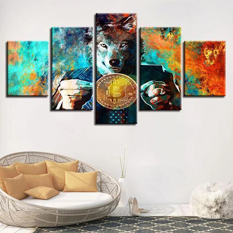 Mr.Wolf And Bitcoin 5 Panels Painting Canvas Wall Decoration