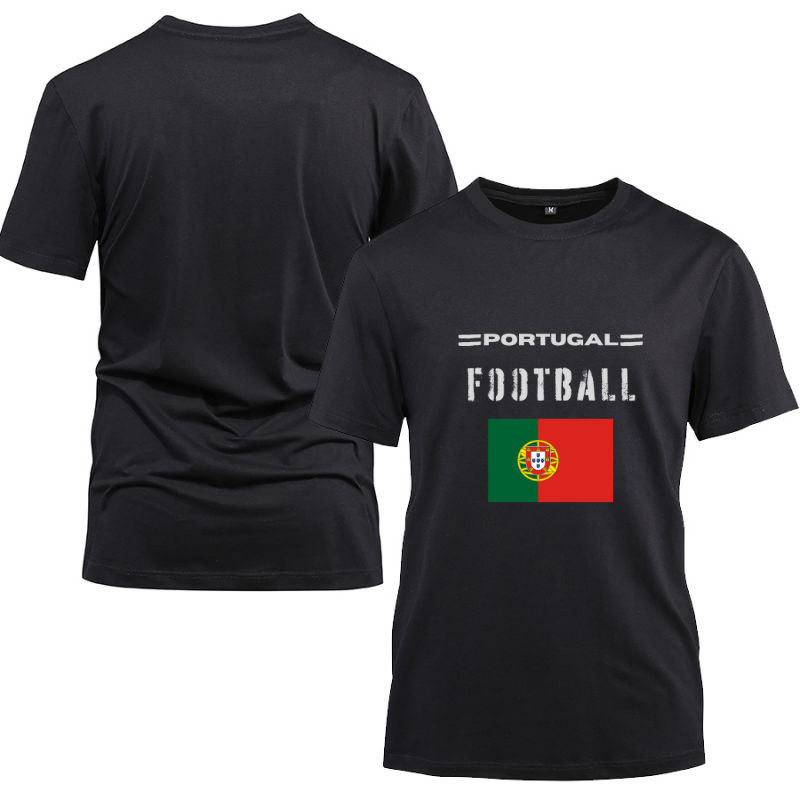 Portugal Football Cotton Black Short Sleeve T-Shirt