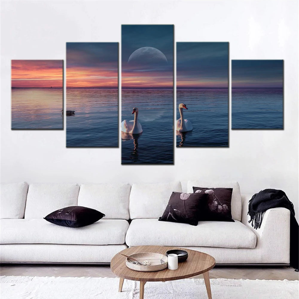 Two Swans Lake 5 Panels Painting Canvas Wall Decoration