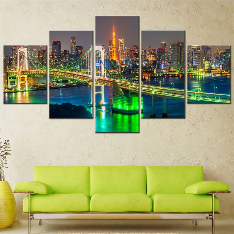 Tokyo Tower Rainbow Bridge Cityscape 5 Panels Painting Canvas Wall Decoration