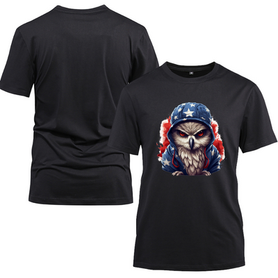 Animal Hiphop Graphic Owl Cotton Black Short Sleeve T-Shirt