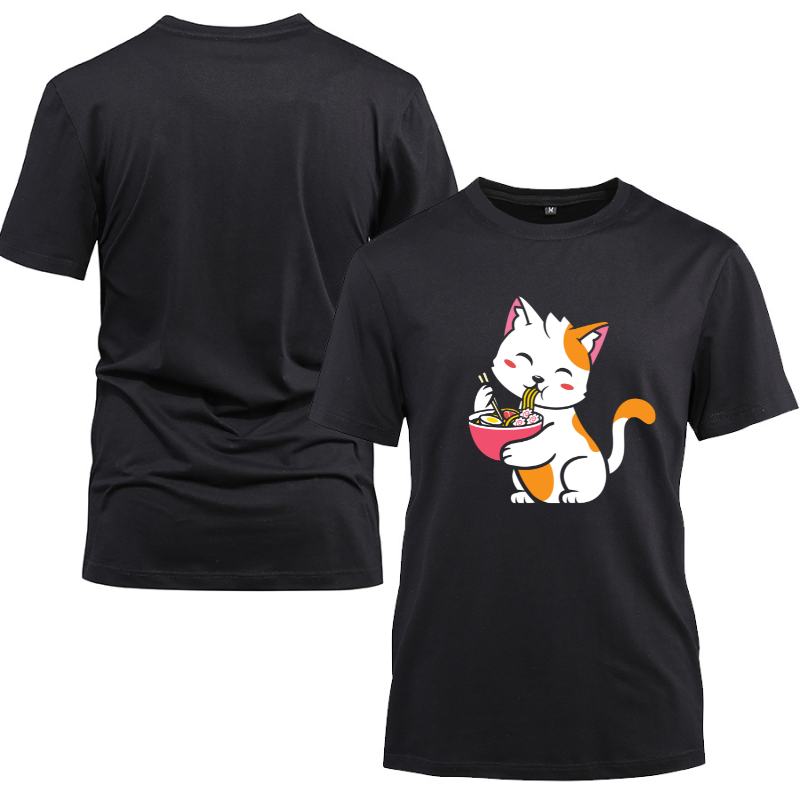 Kawaii Cat Neko Ramen Anime Cotton Black Short Sleeve T-Shirt