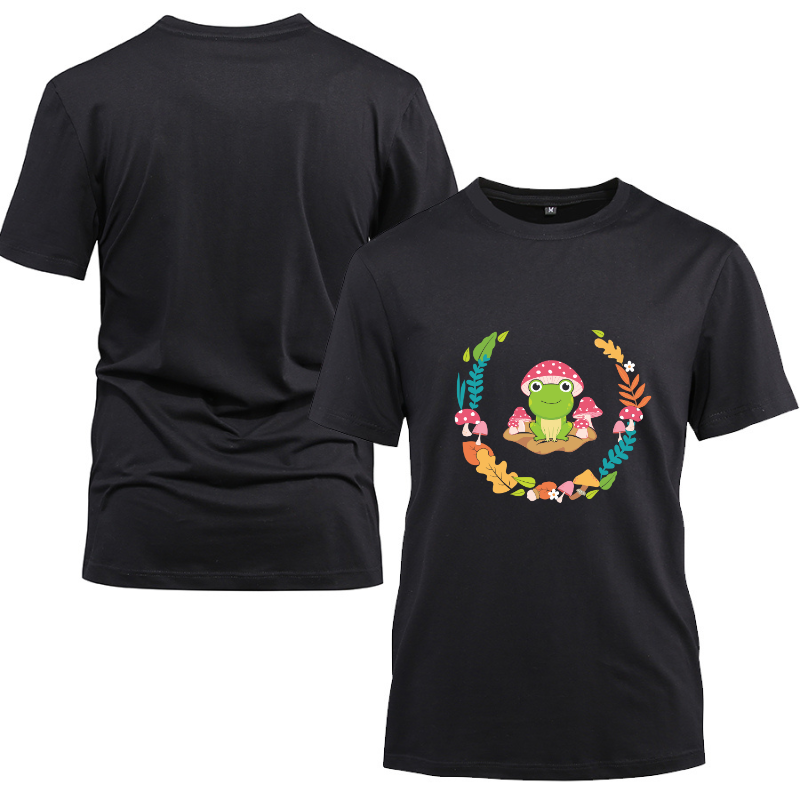 Kawaii Frog With Cute Mushroom Cotton Black Short Sleeve T-Shirt
