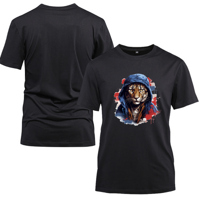 Animal Hiphop Graphic Tiger Cotton Black Short Sleeve T-Shirt