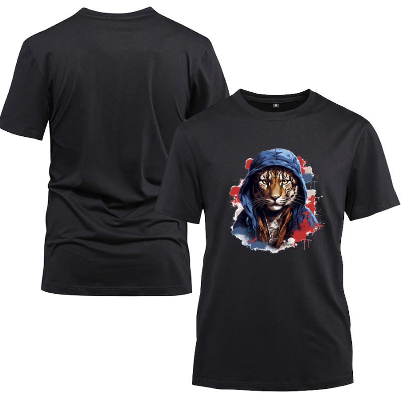 Animal Hiphop Graphic Tiger Cotton Black Short Sleeve T-Shirt