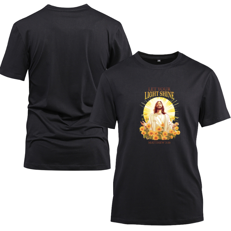 Let Your Light Shine Jesus Art Cotton Black Short Sleeve T-Shirt