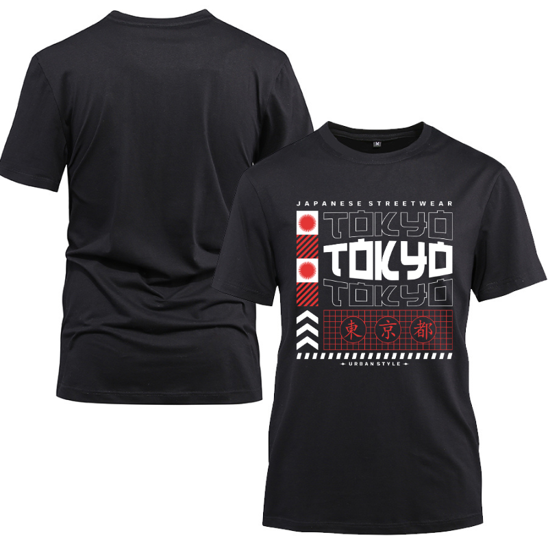 Japan Streetwear Tokyo Urban Style Cotton Black Short Sleeve T-Shirt