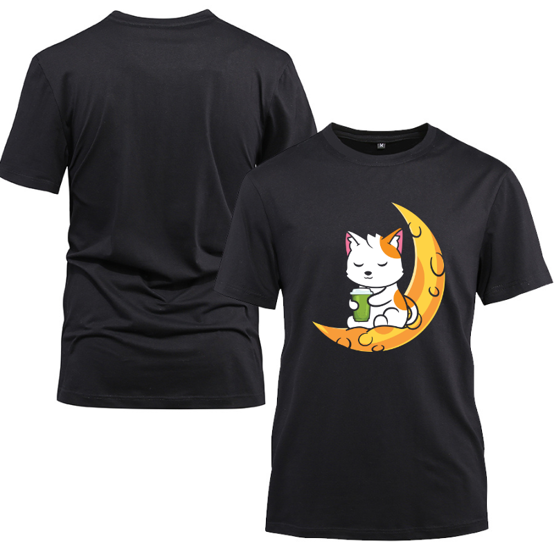 Warabi Mochi Drink Space Neko Cute Cotton Black Short Sleeve T-Shirt