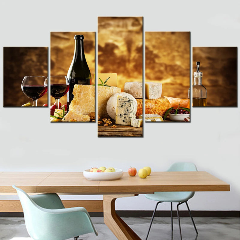 Cheese Wine Various Assortment 5 Panels Painting Canvas Wall Decoration