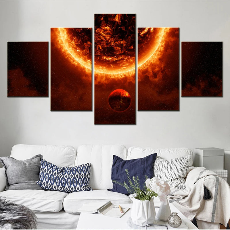 Space Sun 5 Panels Painting Canvas Wall Decoration